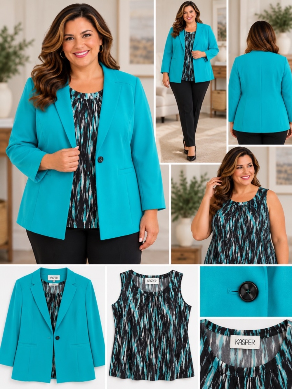 Kasper 2X Teal Blazer & Print Shell 2 Piece Set 3/4 Sleeve Plus Size